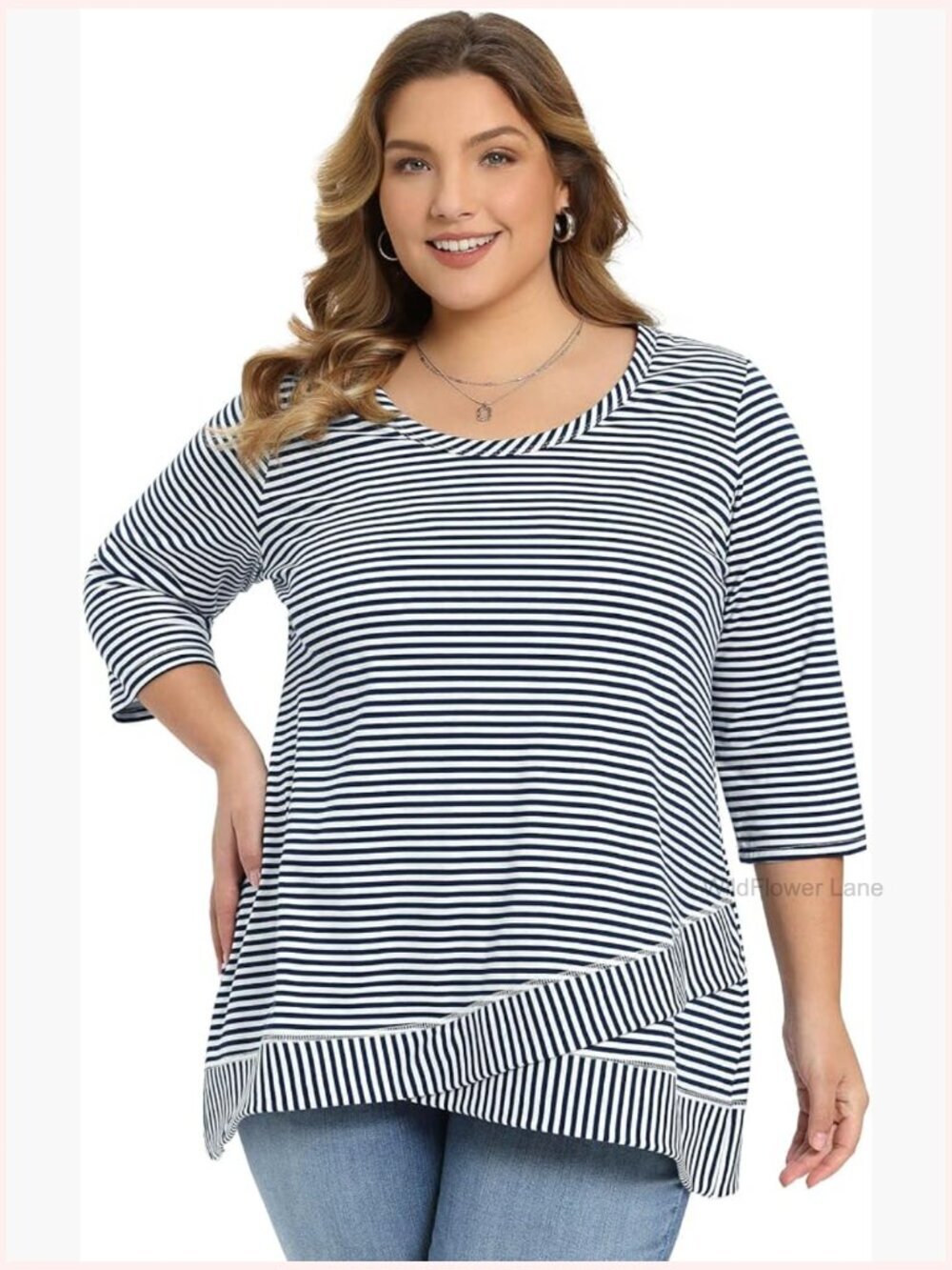 3/4 Sleeve Striped Tunic Top Scoop Neck Crossover High Low Hem Blouse